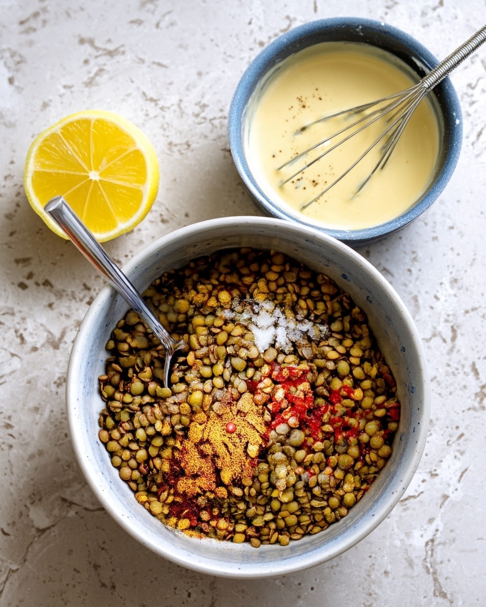 A white bowl filled with green lentils that have spices sprinkled on top in three small piles: one light brown, one white, and one red, with a silver spoon inside the bowl. Next to the bowl is a half lemon with bright yellow flesh. In the upper right corner, there is a blue bowl with a creamy light yellow sauce speckled with black pepper and a metal whisk resting inside. All items are placed on a white marbled textured surface. Photo taken with an iphone --ar 4:5 --v 7