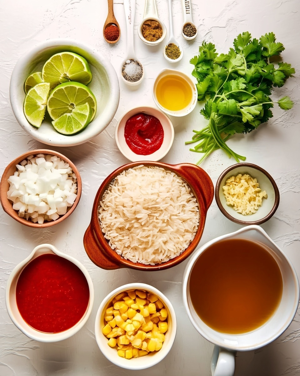 The image shows a variety of ingredients neatly arranged on a white marbled surface. In the center, there is a brown bowl filled with uncooked white rice. Surrounding it are small white bowls with different contents: lime slices in a bowl at the top left, chopped onions in a bowl below it, and corn kernels in a bowl near the bottom. There's also a small bowl of minced garlic and a larger white mug filled with light brown broth near the bottom right. In the middle, a white bowl holds bright red sauce, while a smaller bowl next to it contains a red paste. Above these, there are four measuring spoons with spices: white salt in a wooden spoon, golden brown spice, dried green herb, and black pepper. A bunch of fresh green cilantro rests to the right of the image. Photo taken with an iphone --ar 4:5 --v 7
