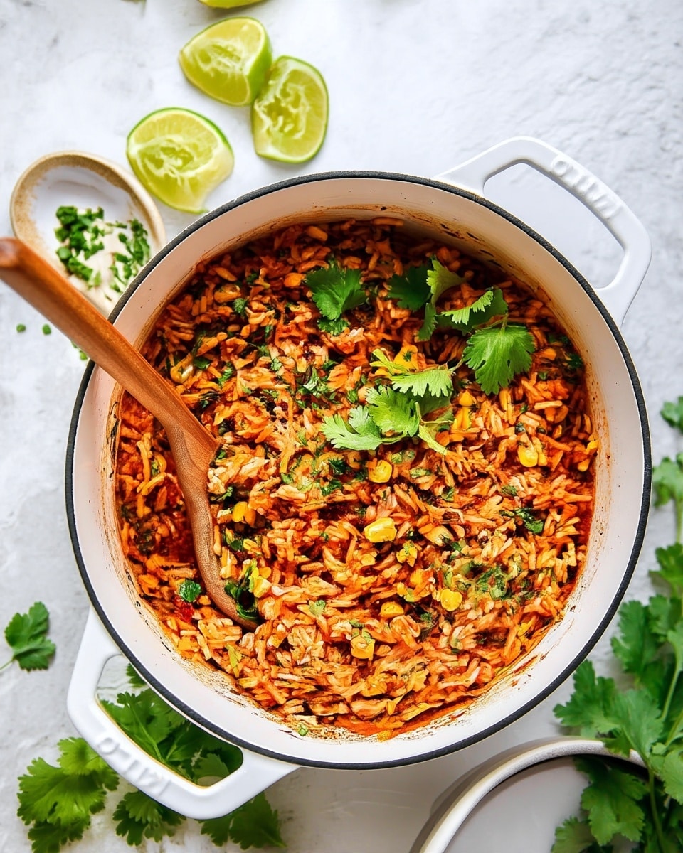 A white bowl filled with red-colored rice mixed with yellow corn kernels and small green herb pieces, topped with fresh green cilantro leaves, sits on a white marbled surface. A fork with a wooden handle rests inside the bowl, partially buried in the rice. Nearby, there is a second white bowl partly visible, containing the same rice dish, garnished with a half lime wedge and cilantro. Around the bowls, scattered fresh cilantro leaves and lime wedges add a fresh green and yellow touch. Photo taken with an iphone --ar 4:5 --v 7