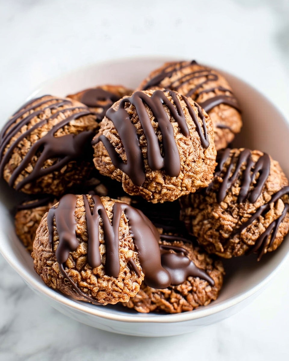 A white bowl filled with round, golden-brown cookies that have a rough, crumbly texture. Each cookie is topped with dark chocolate drizzled in thin, uneven lines, with some cookies having more solid chocolate patches. The bowl sits on a soft white cloth with light peach stripes, all placed on a white marbled surface. Around the bowl, several cookies are scattered, each showing the same golden-brown color and chocolate drizzle on top. photo taken with an iphone --ar 4:5 --v 7
