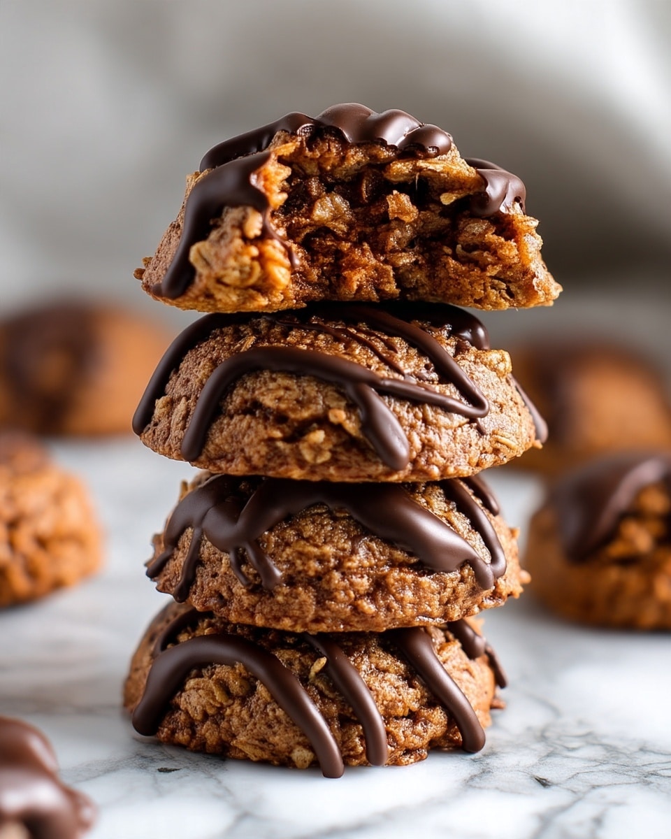 There is a stack of four round chocolate oatmeal cookies placed on a white marbled surface. The bottom three cookies are whole and have drizzles of dark chocolate on top that flow in curved lines. The top cookie is bitten, showing a crumbly, textured inside that looks soft and chewy. The oatmeal gives the cookies a rough, grainy surface with a warm brown color. In the background, more cookies are slightly blurred out. The whole scene is lit with soft, natural light showing the rich texture and color contrast between the brown cookies and dark chocolate drizzle. Photo taken with an iphone --ar 4:5 --v 7