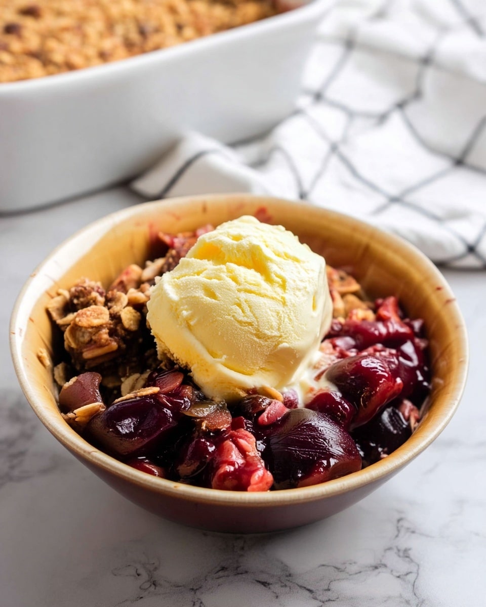 Chocolate Covered Cherry Crisp Recipe 5 A bowl with three clear layers: the bottom layer is dark red cherry fruit filling with shiny, juicy pieces; the middle layer is a thick, crumbly golden brown oat topping with a rough texture; the top layer is a single round scoop of pale yellow vanilla ice cream, smooth and creamy, placed right in the center of the bowl. The bowl is light brown and sits on a white marbled surface. In the background, there is a white cloth with black grid lines and part of a white baking dish with the same crumbly topping. Photo taken with an iphone --ar 4:5 --v 7
