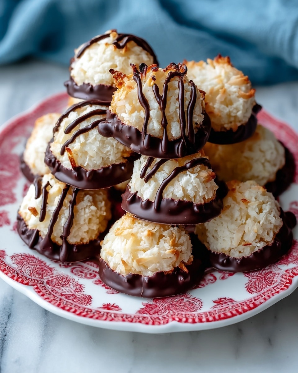 Coconut Macaroons with Optional Chocolate Dip Recipe 5 A pile of round coconut cookies with rough, fluffy white tops and bases dipped in dark chocolate rest closely together on a white plate with a red decorative edge. Some cookies have thin dark chocolate drizzles on top, adding texture contrast to the white and lightly toasted coconut surface. The plate sits on a white marbled surface, and the background is softly blurred with hints of blue fabric. photo taken with an iphone --ar 4:5 --v 7