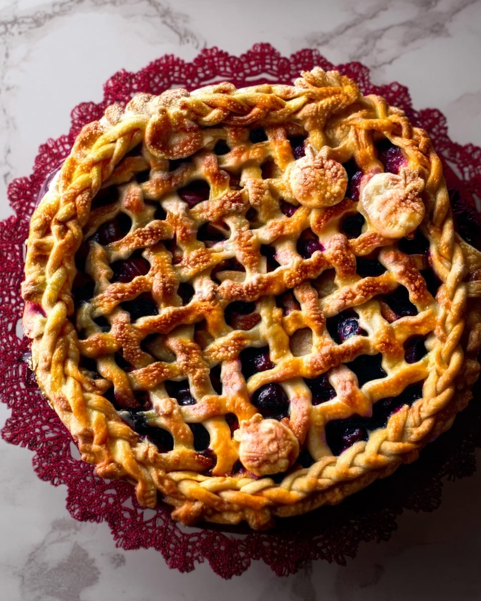 A round pie with a golden brown lattice crust on top, showing dark purple filling beneath. The crust edges are braided thickly around the pie, with three small flower-shaped crust decorations scattered on top. The pie sits on a dark red doily, placed on a white marbled surface. photo taken with an iphone --ar 4:5 --v 7