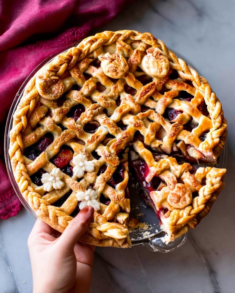 A slice of cherry pie with a golden brown lattice crust sits on a white decorative plate, showing bright red cherry filling beneath the crisscrossed pastry layers. A small round pastry decoration rests near the center of the lattice top. Three fresh red cherries lay near the pie slice on the plate, and a silver fork with a white handle rests beside the slice. In the background, a whole red apple and a larger piece of pie on a matching white plate are visible, all set on a white marbled surface. photo taken with an iphone --ar 4:5 --v 7