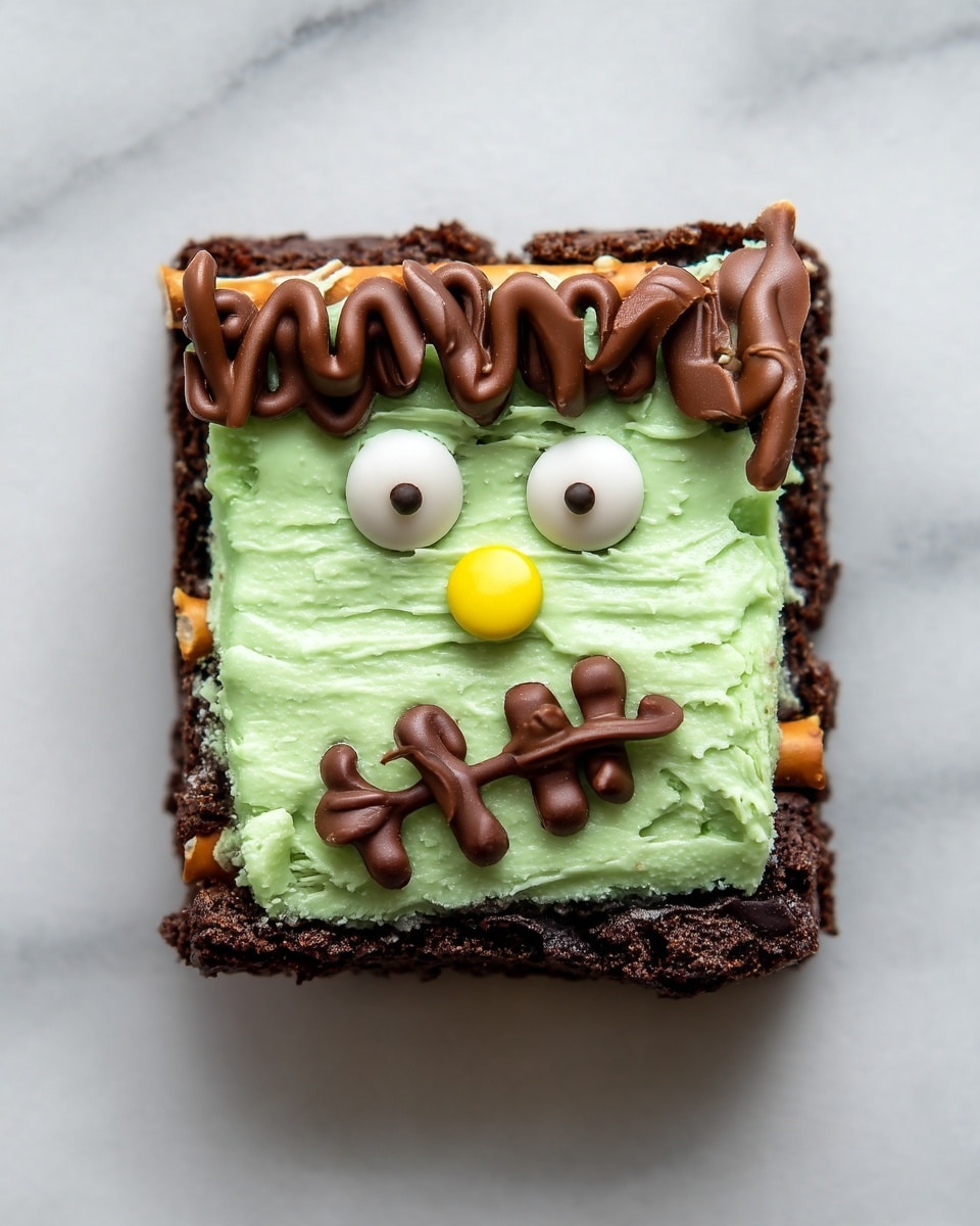 Frankenstein Brownies Recipe 4 The image shows square brownies decorated to look like green Frankenstein faces. Each brownie has two white candy eyes with black dots, a small round candy nose in different colors like yellow and green, and a mouth and hair made of wavy dark brown icing. The green frosting layer is thick and smooth, covering the top of the dark brown brownie base. Small pretzel sticks stick out from the sides of each brownie, acting as Frankenstein’s bolts. The brownies are placed on a white marbled textured surface. photo taken with an iphone --ar 4:5 --v 7