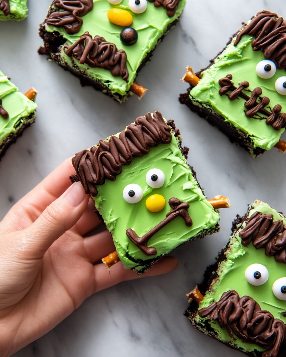Frankenstein Brownies Recipe 5 The image shows square brownies decorated like Frankenstein faces, each brownie is covered with a bright green layer of frosting as the base. On top, there is a thick dark brown layer representing hair with vertical lines for texture. White candy eyes with black dots are placed near the top center, and a single yellow candy is used as a nose in the middle. A dark brown frosting line forms a simple, slightly curved mouth with a small vertical stitch line on the right side. Pretzel sticks are placed on the sides as bolts. The brownies are arranged on a white marbled surface, and a woman's hand is in the top left corner, reaching for one. Photo taken with an iphone --ar 4:5 --v 7