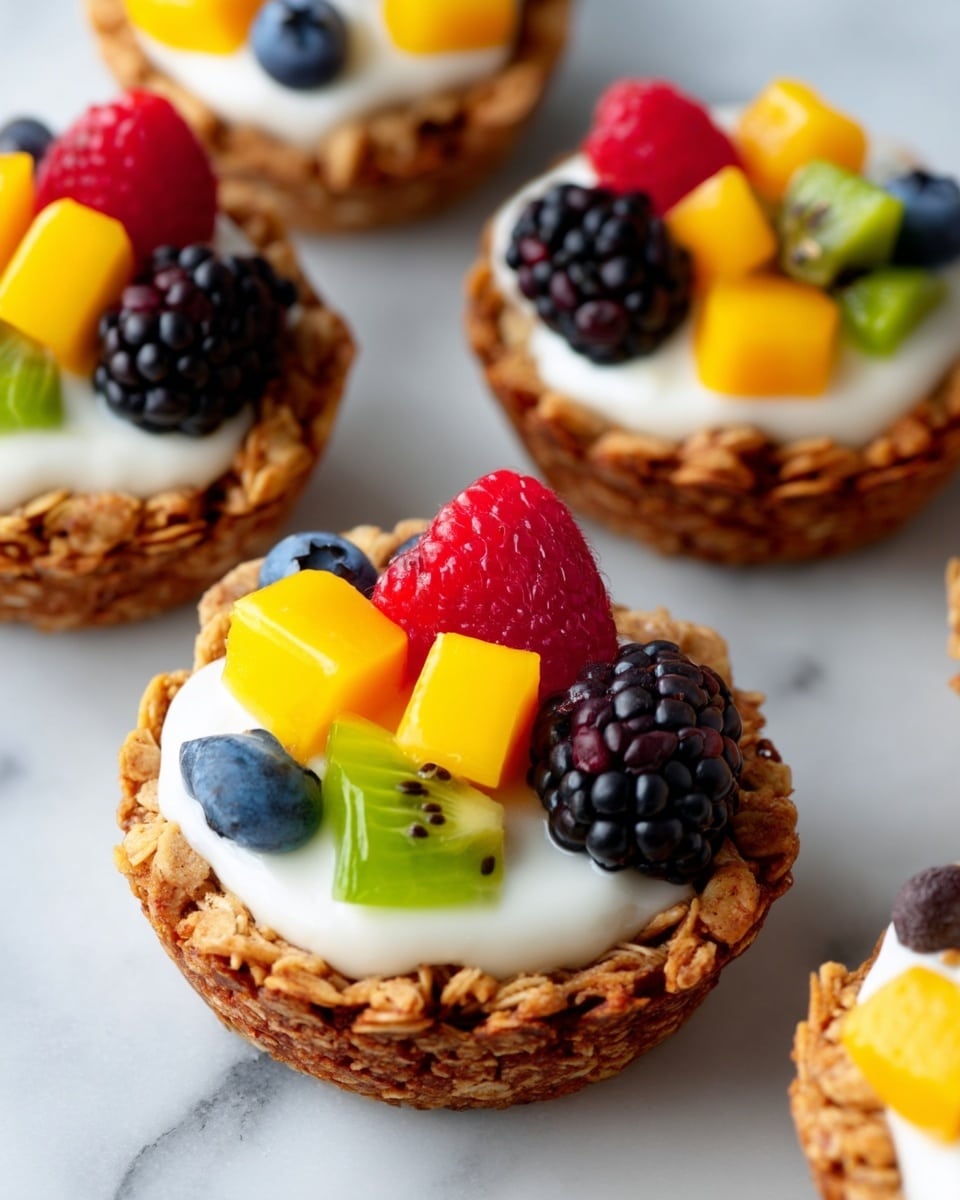 Several small granola tartlets rest on a white marbled surface. Each tartlet has three layers: a crunchy, rough-textured golden-brown granola crust forming the base; a smooth, white creamy filling that fills the crust completely; and a final layer of mixed fresh fruits arranged on top. The fruits include bright yellow mango cubes, deep red raspberries with a textured surface, glossy blackberries, round blue blueberries, and green kiwi pieces with visible seeds, creating a colorful and fresh look. photo taken with an iphone --ar 4:5 --v 7