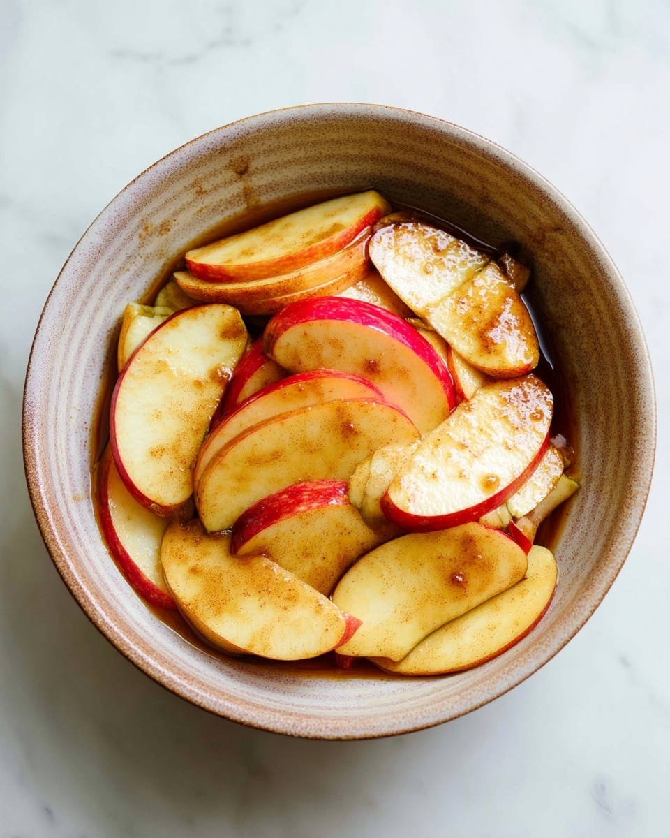 A rustic beige bowl filled with thin slices of red apple, each piece coated in a shiny brown cinnamon sauce, showing a mix of soft yellow and reddish skin tones. The apple slices are layered closely, with some overlapping, and the sauce gives a slight glossy texture to the fruit. The bowl sits on a white marbled surface, adding a light, clean contrast to the warm colors of the apples. photo taken with an iphone --ar 4:5 --v 7