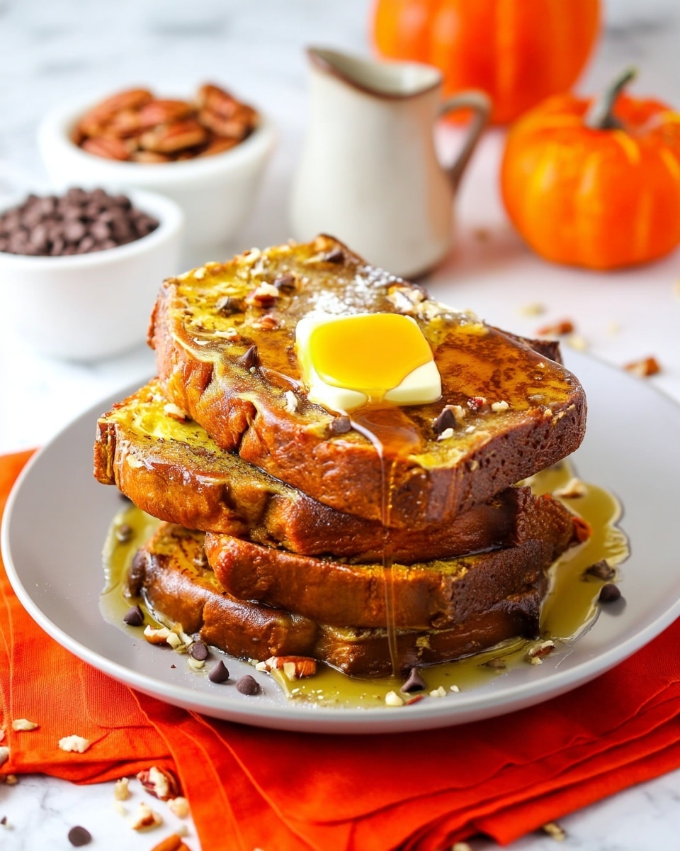 A stack of four thick slices of golden brown pumpkin bread sits on a white plate, each slice showing a moist, dense texture with small cracks on the surface. The top slice has a glossy layer of melted butter with small pieces of chopped nuts sprinkled over it. Golden syrup or honey is lightly drizzled over the whole stack, pooling slightly at the base with a few scattered nut pieces around the base on the plate. The plate rests on an orange cloth on a white marbled surface, with a blurred pumpkin and some kitchen items in the bright background. Photo taken with an iphone --ar 4:5 --v 7