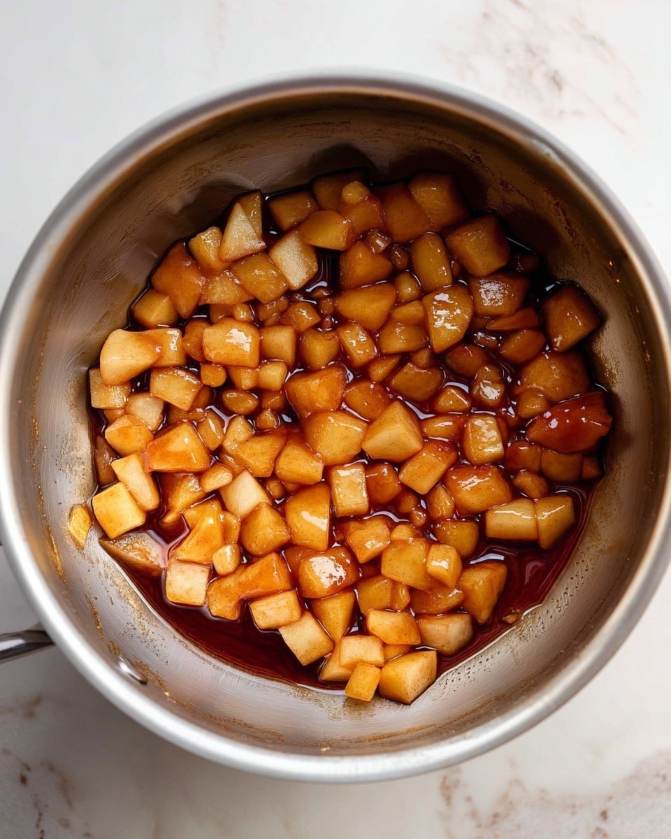 Inside a silver pot, small pieces of light golden brown apples are mixed with a darker brown syrup that has a shiny and sticky look. The apple pieces are cut into uneven small cubes, some more rounded. The syrup spreads throughout the pot's bottom and around the apple pieces, showing darker, almost reddish-brown pools in places. The inside of the pot has a smooth metallic shine with subtle reflections, and the pot sits on a white marbled surface. photo taken with an iphone --ar 4:5 --v 7