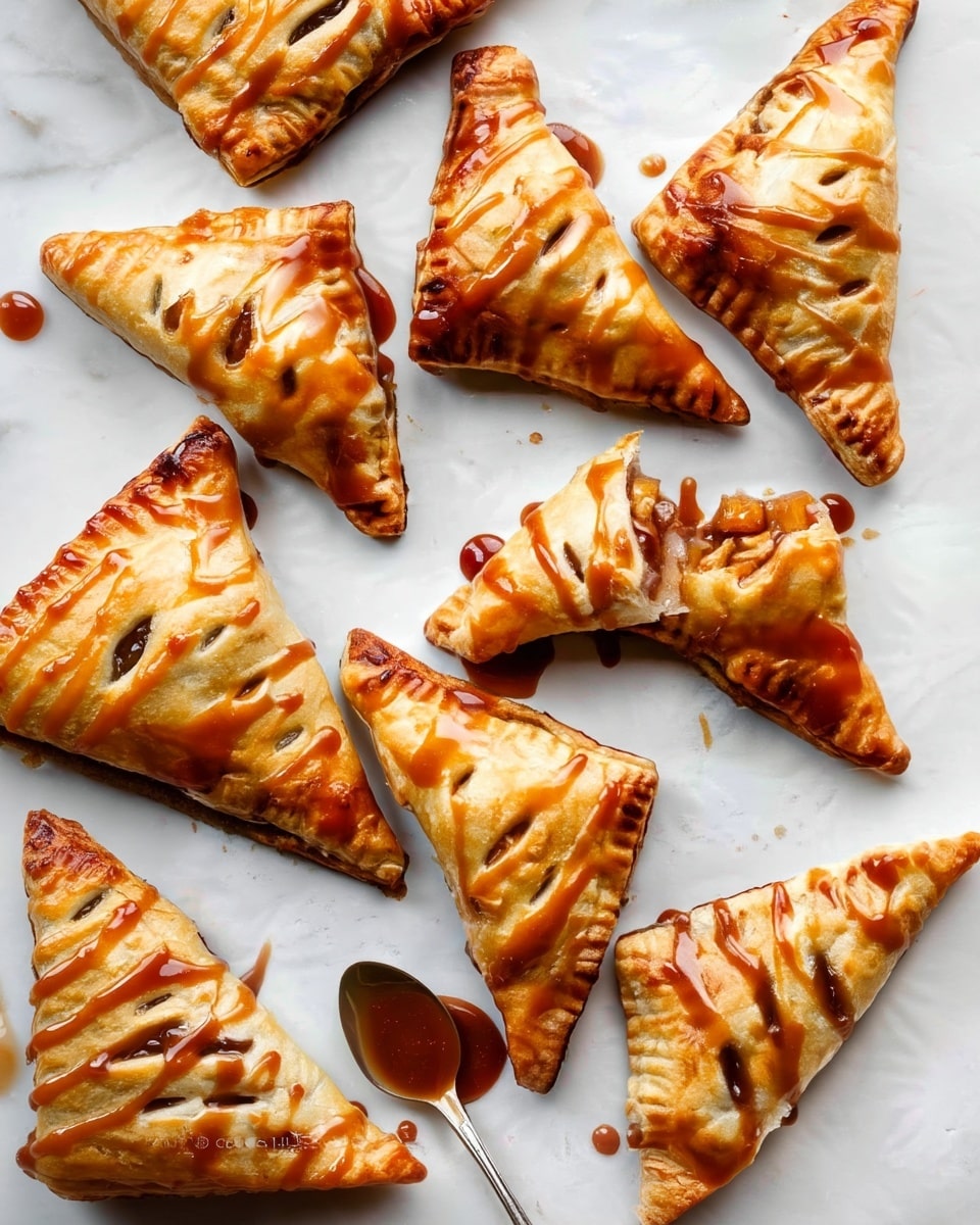 The image shows a group of golden-brown triangular pastries with a crispy layered crust, arranged on a white marbled surface. Each pastry has small vent slits on top revealing a bit of dark filling inside and is drizzled with a shiny caramel-colored sauce that pools slightly around the edges. One pastry is broken in half, showing a chunky filling of small, cooked fruit pieces inside with a moist texture. A silver spoon with caramel sauce rests near the pastries, adding a rich and glossy touch to the scene. photo taken with an iphone --ar 4:5 --v 7