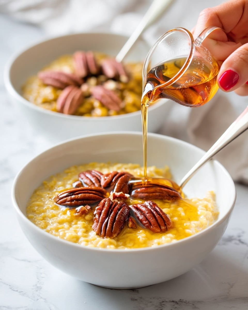 The image shows two white bowls of warm oatmeal, each topped with whole pecans that have a reddish-brown color and textured surface, sitting on a white marbled background. The oatmeal is golden yellow with a soft, slightly lumpy texture. A silver spoon is placed inside each bowl. In the foreground, a woman's hand is pouring amber-colored syrup from a small clear glass cup onto the oatmeal, creating a shiny liquid layer that slowly spreads over the pecans and oats. The scene is bright with natural light highlighting the details of the food. photo taken with an iphone --ar 4:5 --v 7