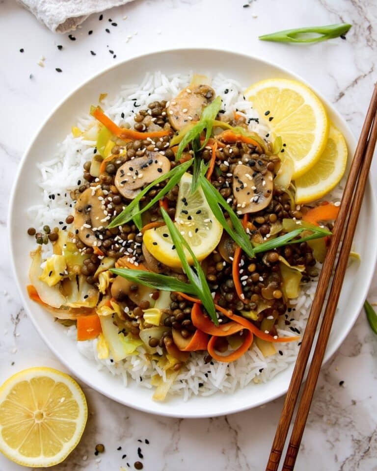 Cabbage Stir Fry with Mushrooms and Lentils in Spicy Maple Soy Sauce Recipe
