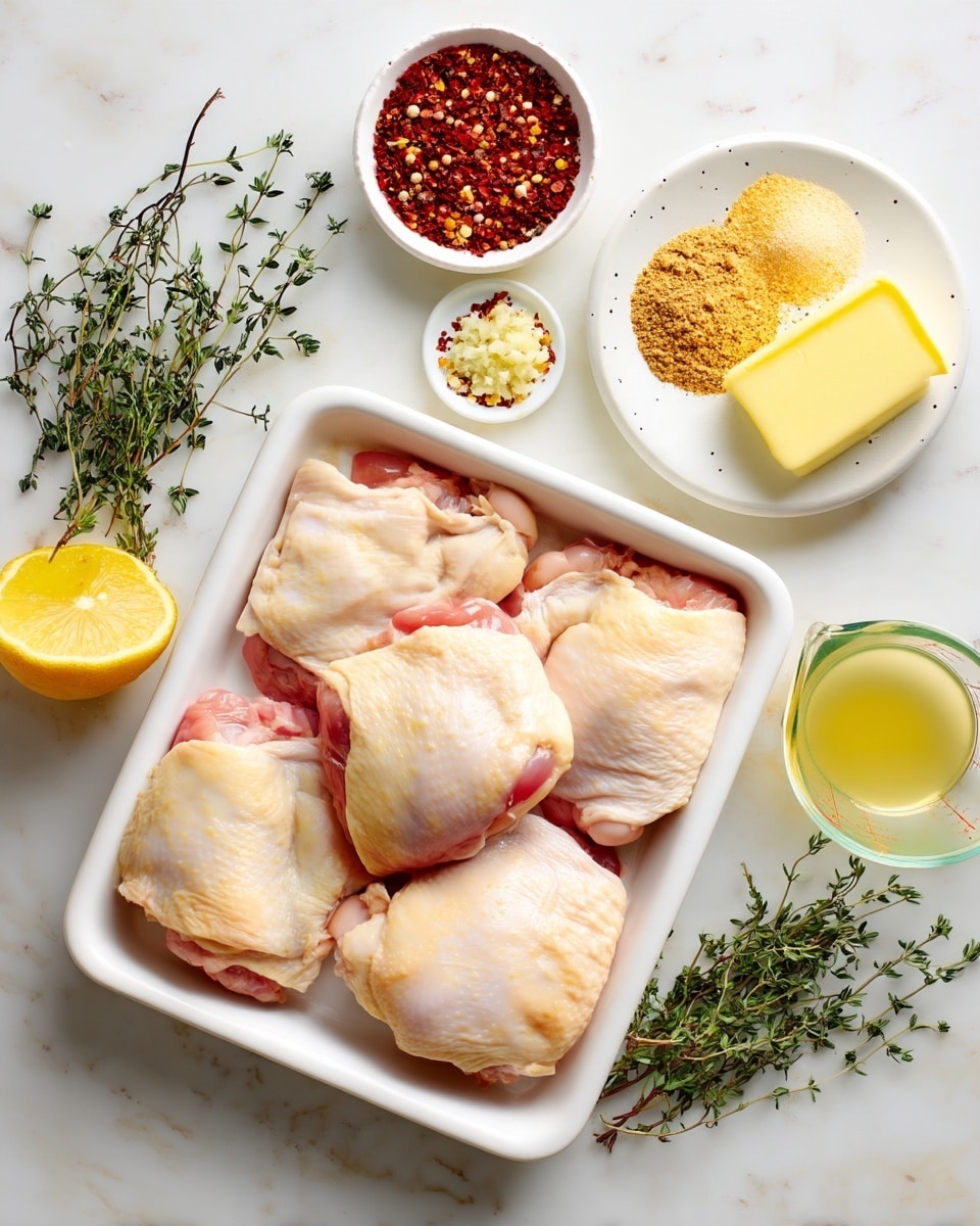 The image shows a white rectangular dish filled with six raw chicken thighs arranged in two rows of three. Around the dish are small white bowls containing spices—one with red pepper flakes, one with a mix of yellow and red powders, one with finely chopped shallots, one with chopped garlic, and one with yellow oil. There is also a small plate with a square of butter, a half lemon, two small measuring cups containing a yellow liquid and a cream-colored liquid, and sprigs of fresh thyme on a white marbled surface. The scene is bright and clean with a focus on the fresh, raw ingredients. photo taken with an iphone --ar 4:5 --v 7