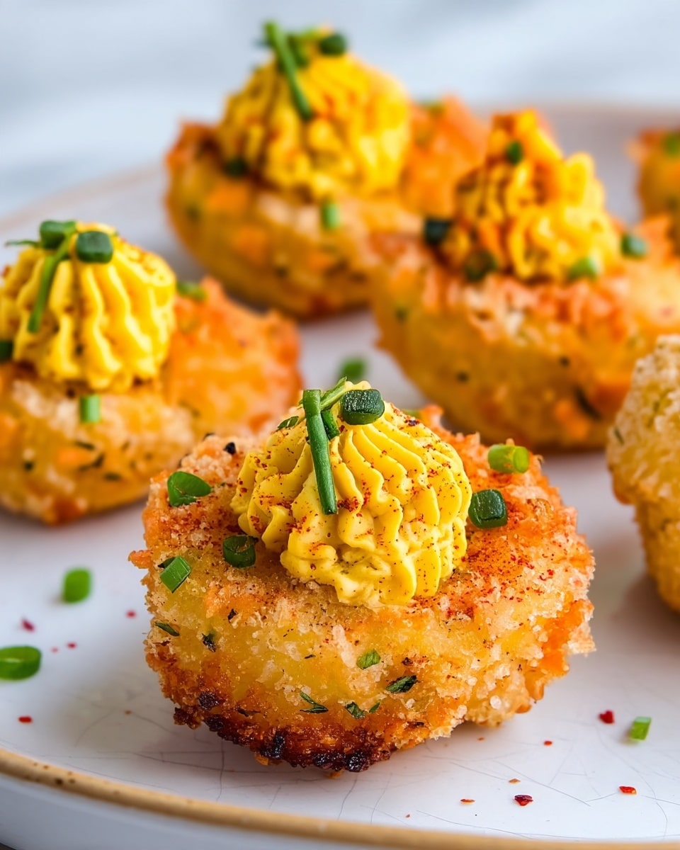 The dish shows several round, golden-brown fried pieces placed on a white plate with a light brown rim, set on a white marbled surface. Each piece has three layers: the base is a crispy, textured, light orange-brown fried coating speckled with green herbs; on top of that sits a bright yellow, piped creamy dollop with ridges, sprinkled lightly with red spice. To finish, small green onion pieces decorate the top of the yellow cream, adding a fresh touch. The image is focused tightly on one piece in the front with other similar pieces blurred in the background, showing depth. photo taken with an iphone --ar 4:5 --v 7