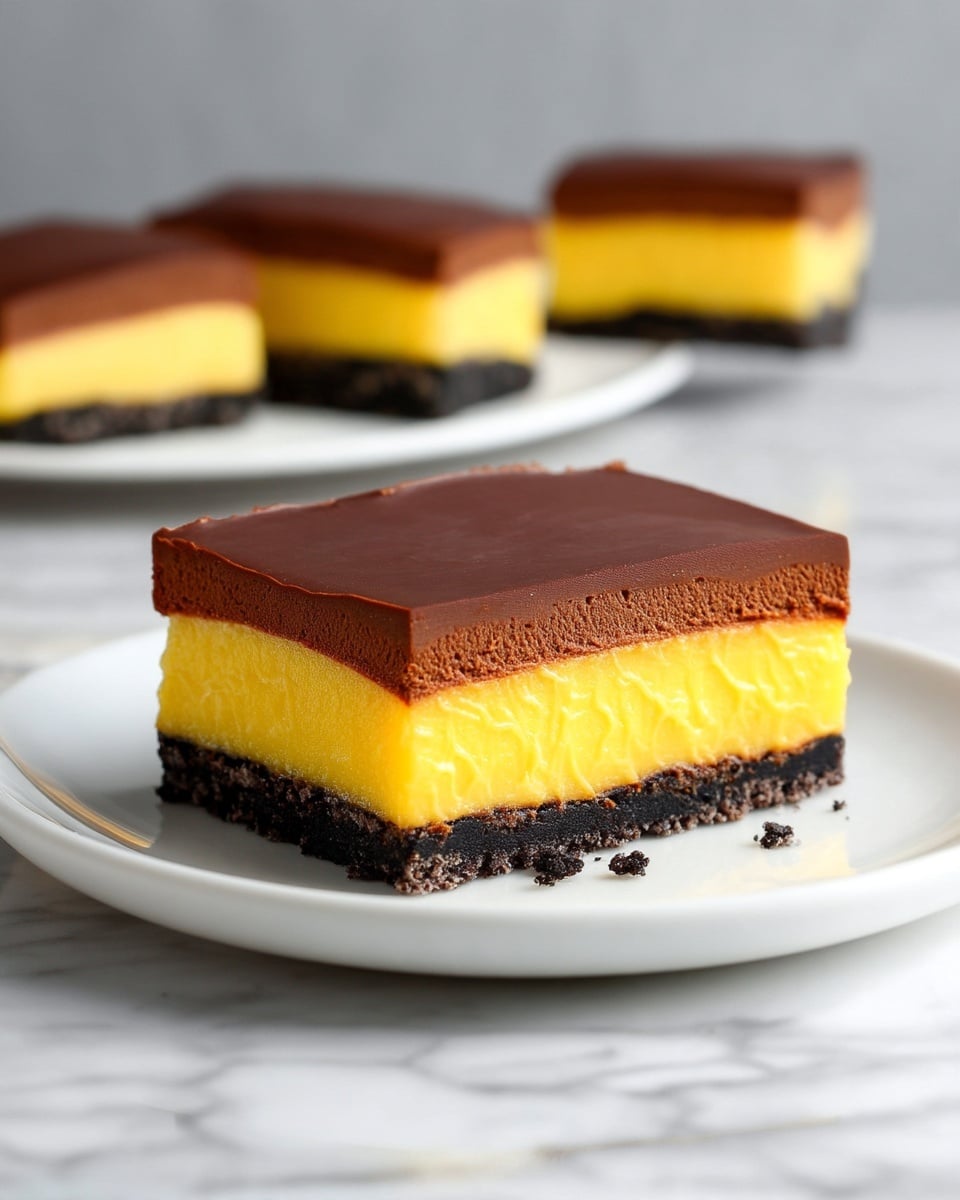 The image shows a dessert divided into square pieces on a white marbled surface. Each piece has three clear layers: a bottom layer that is very dark and crumbly like a cookie crust, a thick middle layer of smooth, yellow filling, and a top layer of shiny, dark chocolate that is flat and glossy. Some pieces are neat squares, while others are broken or missing bits, with the yellow filling oozing slightly around the edges, giving a messy but rich look. The bright yellow filling contrasts sharply with the dark layers above and below. Photo taken with an iphone --ar 4:5 --v 7