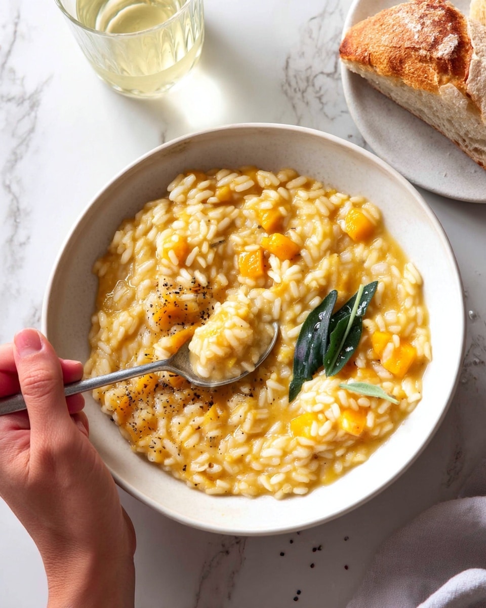 A creamy yellow risotto with small orange chunks is placed in the center of a white bowl. The risotto is smooth with a stirred depression in the middle, sprinkled lightly with black pepper. On top, there are several crispy dark green sage leaves for garnish. A silver spoon rests inside the bowl on the right side, slightly sunk into the risotto. The bowl sits on a white marbled surface, surrounded by a beige cloth napkin below the right side of the bowl, a small white plate with more sage leaves on the upper right, a small bowl with white salt on the lower left, and part of another bowl of risotto with a silver spoon on the upper left. Photo taken with an iphone --ar 4:5 --v 7
