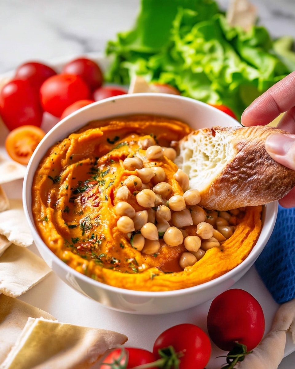 Roasted Pumpkin Curry Hummus Recipe 5 A white bowl filled with smooth, bright orange hummus topped with whole beige chickpeas and sprinkled with green herbs and red spices. A woman's hand is dipping a piece of crusty bread with a textured, light brown crust and soft interior into the hummus. Around the bowl are fresh red cherry tomatoes, green leafy lettuce, and light beige pita bread triangles on a white marbled surface. photo taken with an iphone --ar 4:5 --v 7
