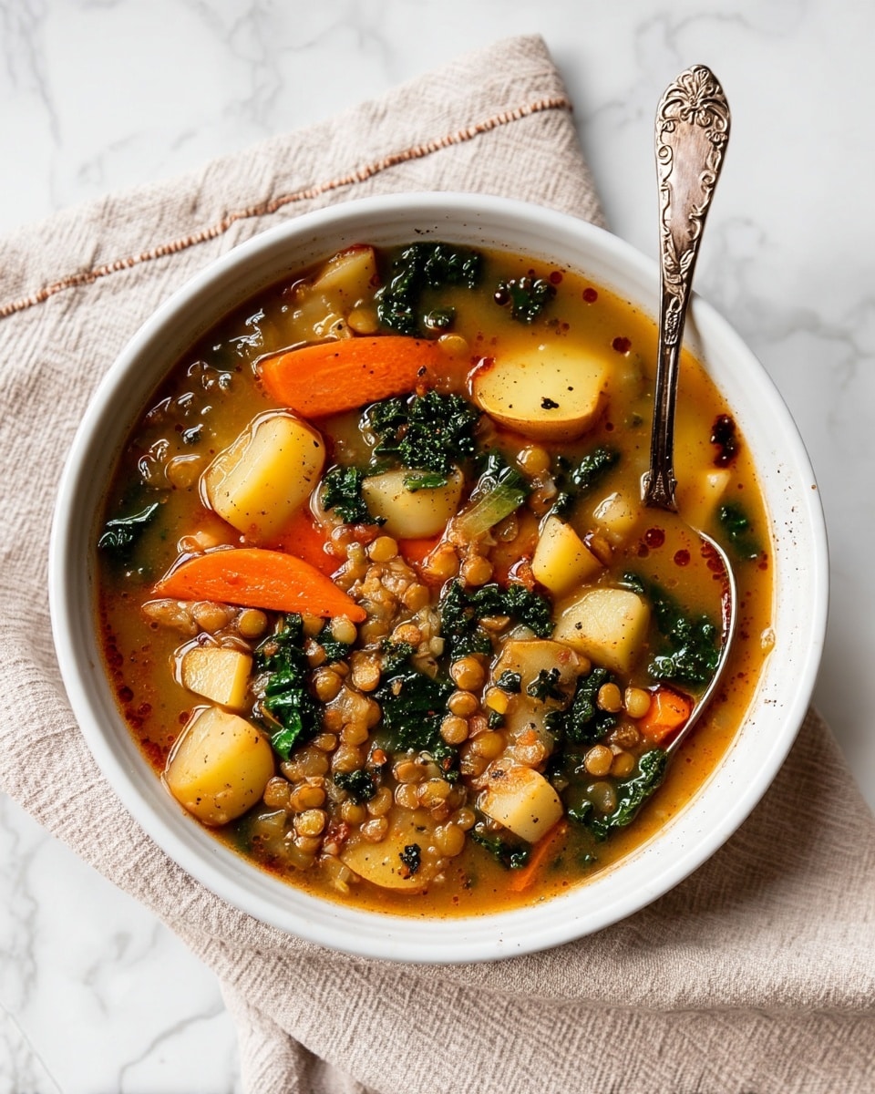 Lentils & Potatoes Soup with Roasted Garlic Broth and Greens Recipe 5 A white pot filled with a thick vegetable soup with three visible layers: a clear brown broth base, a layer of small light brown lentils, and large pieces of orange carrot, pale yellow potato, and dark green kale floating and mixed throughout. The soup looks hearty with bits of black pepper sprinkled on top. A silver ladle rests on the right side inside the pot. The pot is placed on a white marbled surface with a faint wooden board under it. Photo taken with an iphone --ar 4:5 --v 7