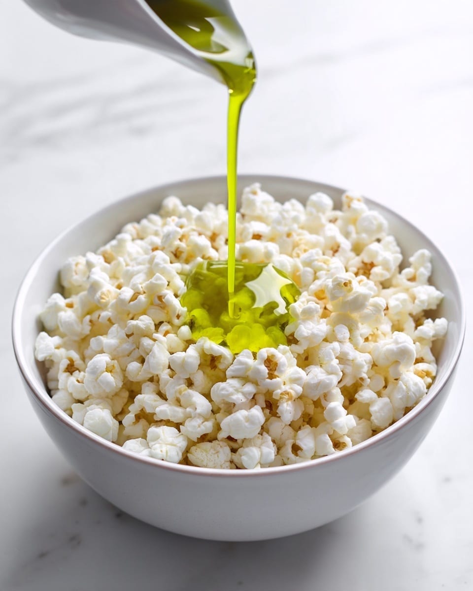 A large white bowl filled with white fluffy popcorn pieces sits on a white marbled surface. Bright green liquid is being poured in a smooth stream from above into the middle of the popcorn, creating a shining pool that spreads on top. The popcorn texture is crisp and detailed, with some pieces showing slight browning. The metal bowl’s simple curve and shiny surface catch some light. The background is clean and bright white. Photo taken with an iphone --ar 4:5 --v 7
