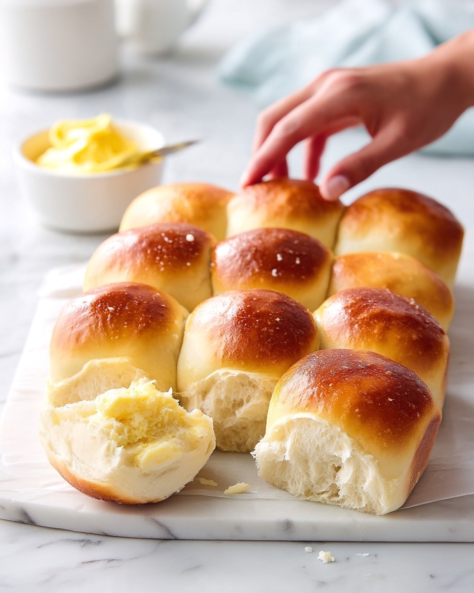 The image shows eight golden-brown bread rolls arranged in two rows on a black wire rack lined with white parchment paper. The rolls have a soft, fluffy texture with a slightly shiny, smooth top. One roll is pulled slightly away from the others, revealing a light, airy inside. To the left of the rolls, there is a white dish holding a rectangular piece of pale yellow butter with a butter knife resting on the dish. The background is a white marbled surface, giving a clean and bright look. Photo taken with an iphone --ar 4:5 --v 7
