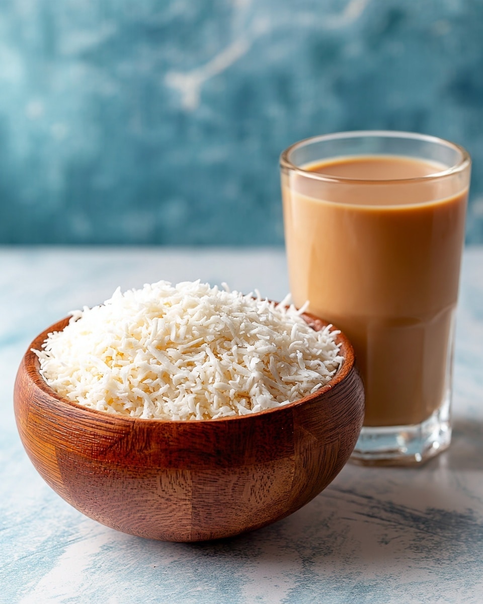 A close-up view of a wooden bowl filled with a thick layer of finely shredded white coconut that covers the entire inside surface. Next to the bowl, to the right, is a clear glass cup filled with a smooth, light brown liquid. The objects are placed on a white marbled surface with a blue mottled background. photo taken with an iphone --ar 4:5 --v 7