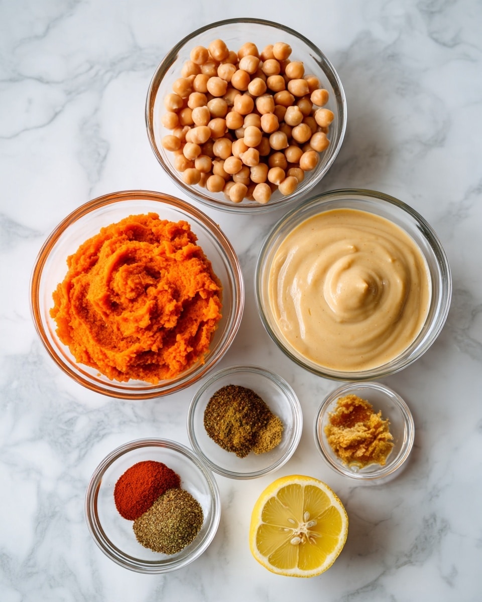 Creamy Pumpkin Hummus with Roasted Pumpkin Seeds Recipe 4 The image shows six clear glass bowls on a white marbled surface, each filled with a different ingredient. At the top, a bowl holds light brown chickpeas, with a bowl of bright orange mashed sweet potato or carrot puree to the left. In the center, there is a bowl with smooth, creamy beige sauce or tahini. To the right, a small bowl contains a light yellow mustard or garlic mixture. At the bottom left, a bowl has a mix of powdered spices in green and reddish-brown colors. Finally, at the bottom right, there is a half lemon with visible seeds and bright yellow flesh. Photo taken with an iphone --ar 4:5 --v 7