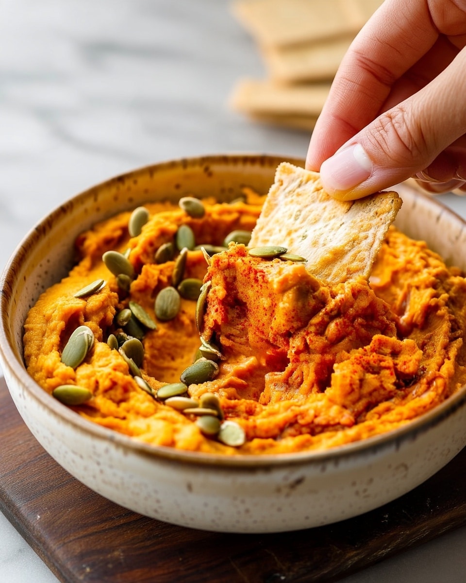 Creamy Pumpkin Hummus with Roasted Pumpkin Seeds Recipe 5 A close-up view of a thick orange spread in a beige bowl, the spread looks creamy and textured with visible swirls. On top of the spread, there are scattered green pumpkin seeds and a light dusting of reddish seasoning. A woman's hand is dipping a light beige square cracker into the spread, showing the cracker covered with the thick orange mixture. The bowl sits on a dark wooden board against a white marbled surface. Photo taken with an iphone --ar 4:5 --v 7