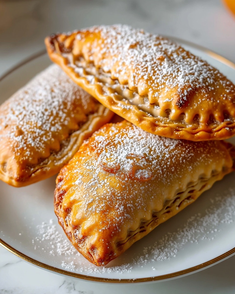 The image shows three golden-brown baked pastries with flaky textures and crimped edges, stacked closely on a white plate with a thin gold rim. The pastries are dusted lightly with white powdered sugar, adding a soft contrast to the warm tones of the crust. In the background on a white marbled surface, there is a blurred orange and white cookie with an eye shape and a round beige cookie, adding a soft touch to the scene. The lighting highlights the crunchiness of the pastries, creating a cozy and inviting atmosphere. photo taken with an iphone --ar 4:5 --v 7
