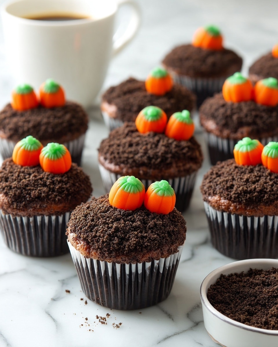 Pumpkin Patch Cupcakes Recipe 5 The image shows many cupcakes arranged closely on a white marbled surface. Each cupcake has three layers: a dark brown crumbly topping resembling soil on the top, a middle layer of chocolate cake, and a base layer of cupcake liner (not visible due to angle). On top of each cupcake, two small, bright orange pumpkin-shaped candies with green stems are placed, adding a vibrant contrast to the dark crumbly layer. A white cup, partially visible, is in the top section of the image, and a small white bowl filled with more dark crumbs is at the bottom right corner. Photo taken with an iphone --ar 4:5 --v 7