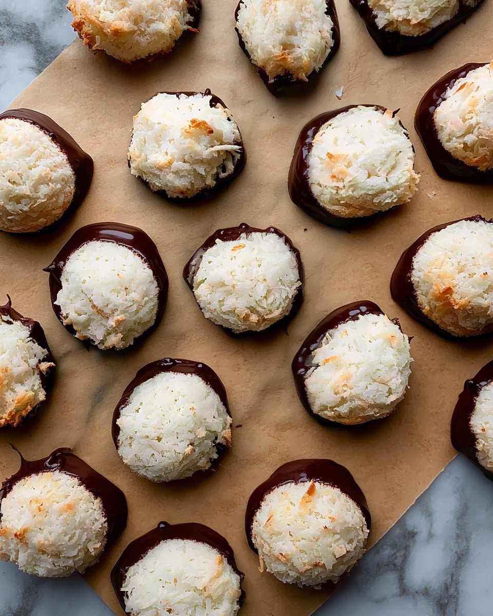 Coconut Macaroons with Optional Chocolate Dip Recipe 4 The image shows many round coconut cookies arranged closely on a sheet of brown parchment paper over a white marbled surface. Each cookie has two layers: a thick, fluffy, white coconut layer on top, rough in texture and slightly uneven, and a smooth, dark chocolate base layer underneath that forms a circular border visible around the bottom. The cookies are evenly spaced in rows, with the white coconut layer looking soft and slightly toasted at the edges, contrasting with the glossy, firm chocolate base. Photo taken with an iphone --ar 4:5 --v 7