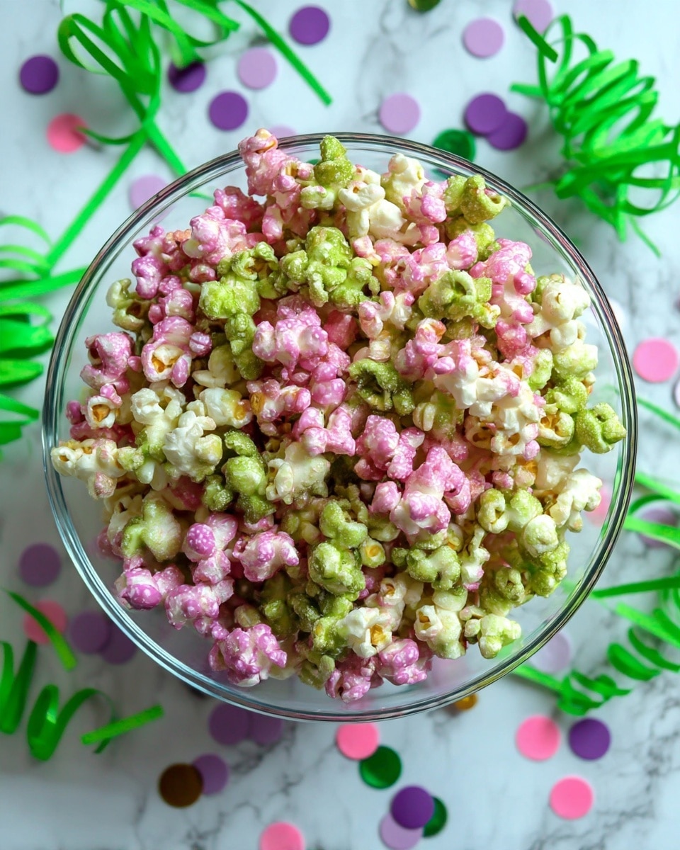 The image shows a clear glass bowl filled with two layers of popcorn, one pink and one green, mixed together inside. The popcorn is shiny, with a slight texture that looks sugary or coated. The bowl is placed on a white marbled surface scattered with small round confetti pieces in various colors like pink, green, and purple. Around the bowl, there are shredded paper decorations in bright green and pink colors that add a festive look. The photo is taken from above, focusing on the colorful popcorn inside the clear bowl. photo taken with an iphone --ar 4:5 --v 7