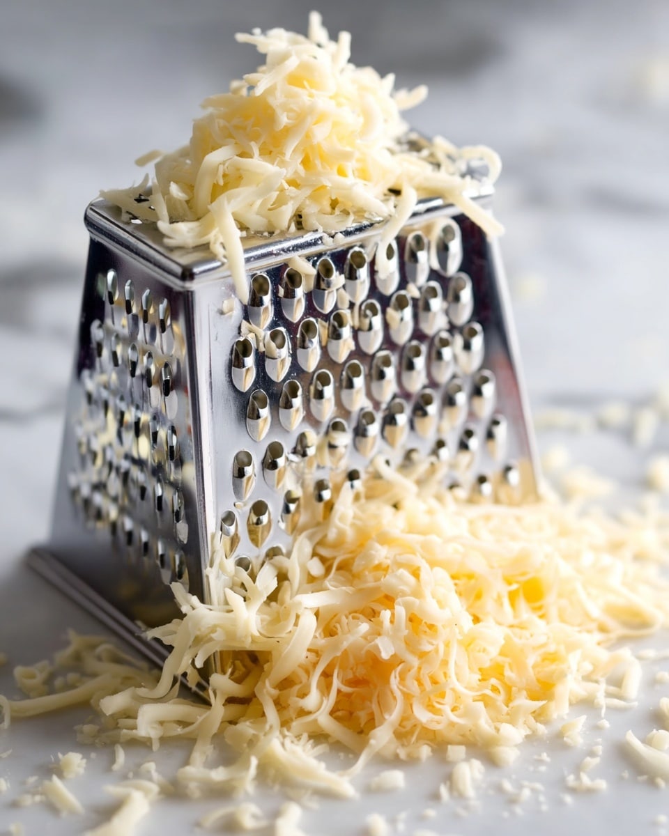 A close-up of a silver grater with white cheese being shredded on top of a pile of thin, curly cheese strands. The shredded cheese appears soft and light yellow in color, with fine, delicate pieces falling onto a white marbled surface below. The background is softly blurred, keeping the focus on the grater and the fresh cheese ribbons. Photo taken with an iphone --ar 4:5 --v 7