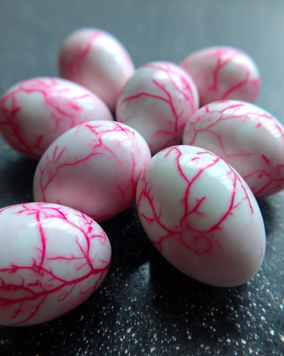 The image shows several white eggs with pink vein-like patterns all over their shells. The eggs are lying on a dark, slightly shiny speckled surface. The pink lines spread in irregular patterns, looking almost like small branches or blood vessels, creating a unique, eye-catching design on each egg. photo taken with an iphone --ar 4:5 --v 7