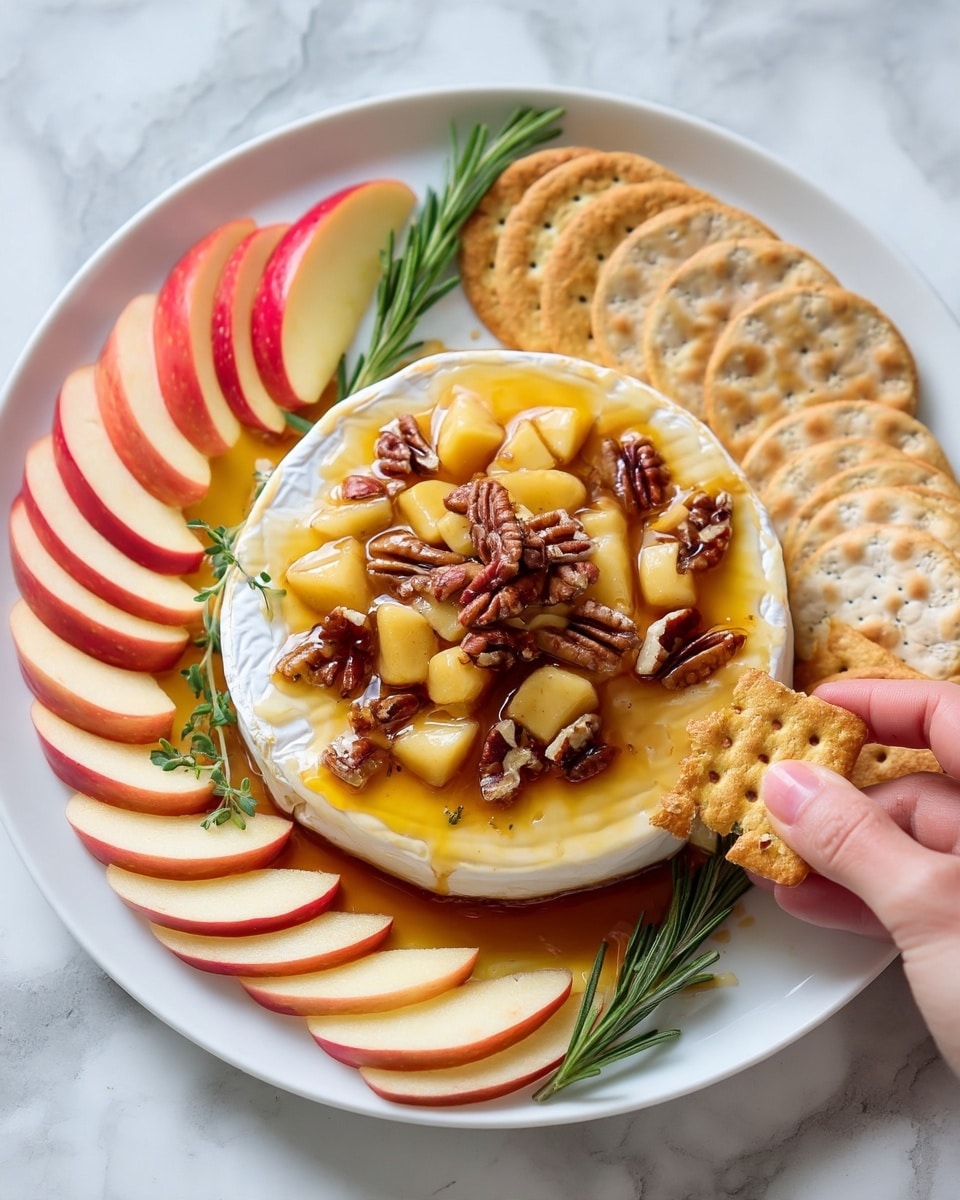 A white round plate on a white marbled surface holds a wheel of soft cream cheese topped with small yellow apple pieces and scattered pecans, with a shiny amber syrup drizzled generously over the cheese and around it. Surrounding the cheese are round and square light brown crackers, some placed leaning against the cheese and others spread out on the plate. Fresh red apple slices with light flesh are placed around the crackers, with sprigs of green rosemary adding color to the edges of the plate. A woman's hand is holding one cracker dipped into the cheese. Photo taken with an iphone --ar 4:5 --v 7