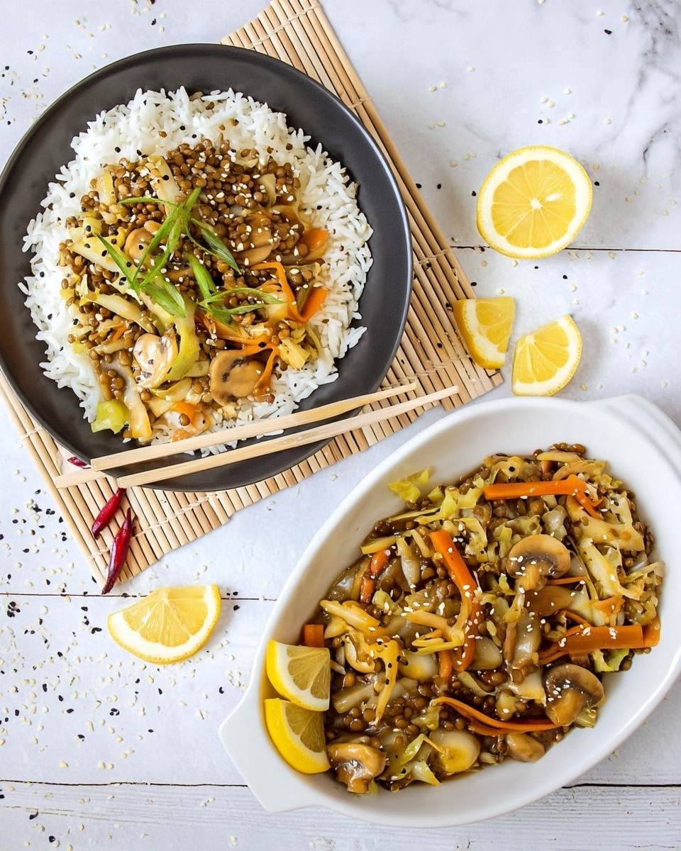 The image shows two white dishes on a white marbled surface, one oval bowl filled with a stir-fry mixture of sliced mushrooms, shredded cabbage, lentils, and thin carrot sticks, garnished with white and black sesame seeds and accompanied by lemon wedges on the side; the second dish is a white plate partially filled with white rice topped with the same stir-fry mix and sesame seeds, with a pair of wooden chopsticks resting on the plate’s edge, with a light wooden bamboo mat underneath the black plate and lemon wedges scattered on the surface, photo taken with an iphone --ar 4:5 --v 7
