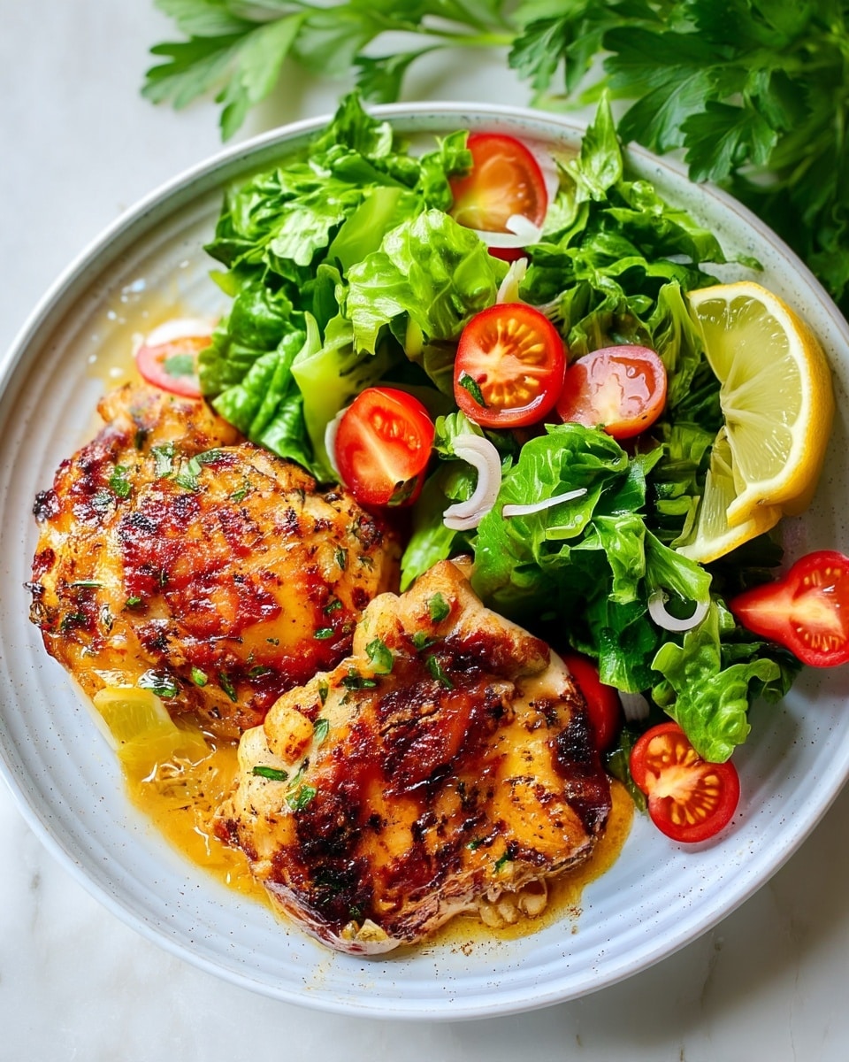 A white plate with two browned, grilled chicken pieces placed side by side on the left, with a light sauce pooling underneath. On the right, there is a fresh green lettuce salad mixed with bright red cherry tomato halves and thin white onion slices. A yellow lemon wedge is tucked on the edge of the plate near the salad. The plate is on a white marbled surface with some green parsley leaves in the top right corner. Photo taken with an iphone --ar 4:5 --v 7