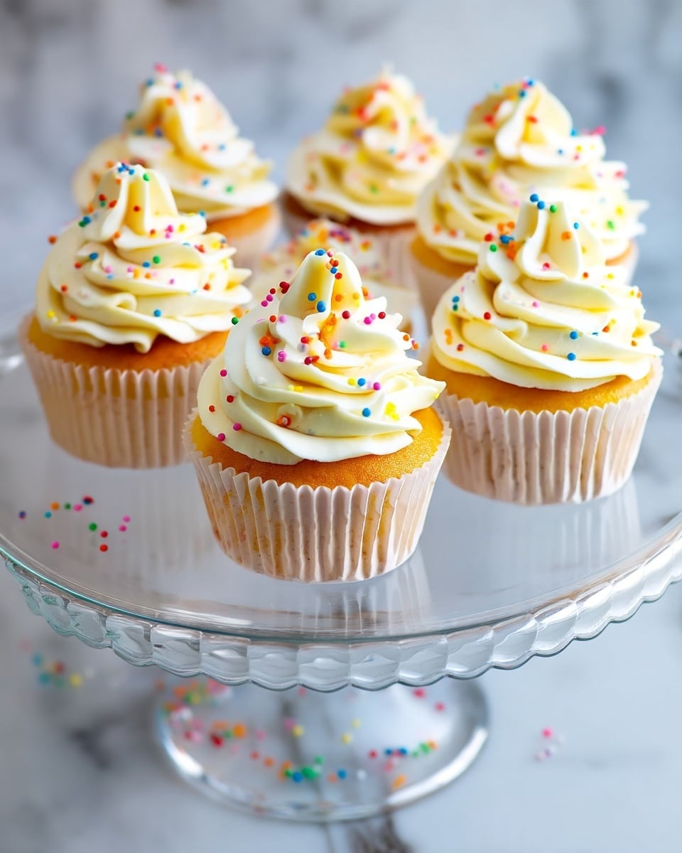 The image shows six vanilla cupcakes placed on a clear glass cake stand with a white marbled surface underneath. Each cupcake has a white paper liner and is topped with a tall swirl of smooth, creamy white frosting. Bright, small round rainbow sprinkles are scattered over the frosting, with some sprinkles also falling onto the glass stand and marble surface. The cupcakes are arranged close together, filling the frame with a soft, inviting look. Photo taken with an iphone --ar 4:5 --v 7