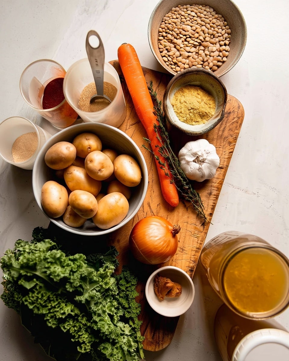 Lentils & Potatoes Soup with Roasted Garlic Broth and Greens Recipe 4 The image shows a collection of fresh ingredients laid out on a wooden cutting board over a white marbled surface. In the center, there is a large carrot with two sprigs of thyme on top. To the right of the carrot, a whole garlic bulb and a small round onion are placed close together. Near the onion is a small white bowl with a brown paste inside. Above the carrot, there are three bowls containing different dry ingredients: one with yellow powder, one with green lentils, and three small transparent cups filled with spices in colors of red, light brown, and beige with a measuring spoon inside one of them. On the left side, a white bowl is filled with small light brown potatoes. Below the bowl, a bunch of curly green kale fills the bottom left corner. In the bottom right corner, there is a tall glass jar of golden broth or liquid. The scene is natural and well-lit, highlighting the textures and colors of the ingredients, all arranged neatly. photo taken with an iphone --ar 4:5 --v 7