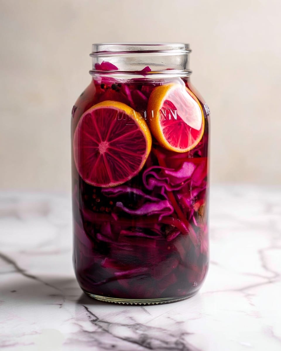 Quick Pickled Cabbage Recipe 5 A clear mason jar filled with layers of deep purple-red shredded cabbage, submerged in a dark liquid. Slices of bright pinkish-red lemon or lime float near the top, with a few small dark spices scattered inside. The jar stands on a white marbled surface with a soft, light background. photo taken with an iphone --ar 4:5 --v 7
