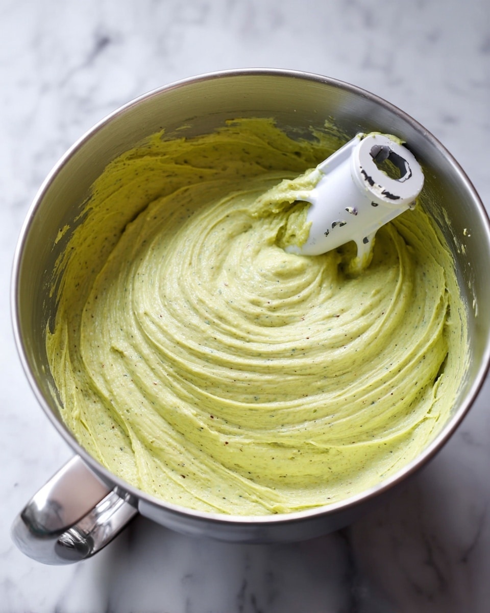 Pistachio Cupcakes with Pistachio Buttercream Frosting Recipe 4 A close-up image of a silver mixing bowl filled with smooth, light green batter that has small dark specks throughout. Inside the batter, there is a white mixing paddle attachment partially covered with the green mixture. The bowl is placed on a white marbled surface, and the batter looks creamy and thick with swirled textures from mixing. Photo taken with an iphone --ar 4:5 --v 7