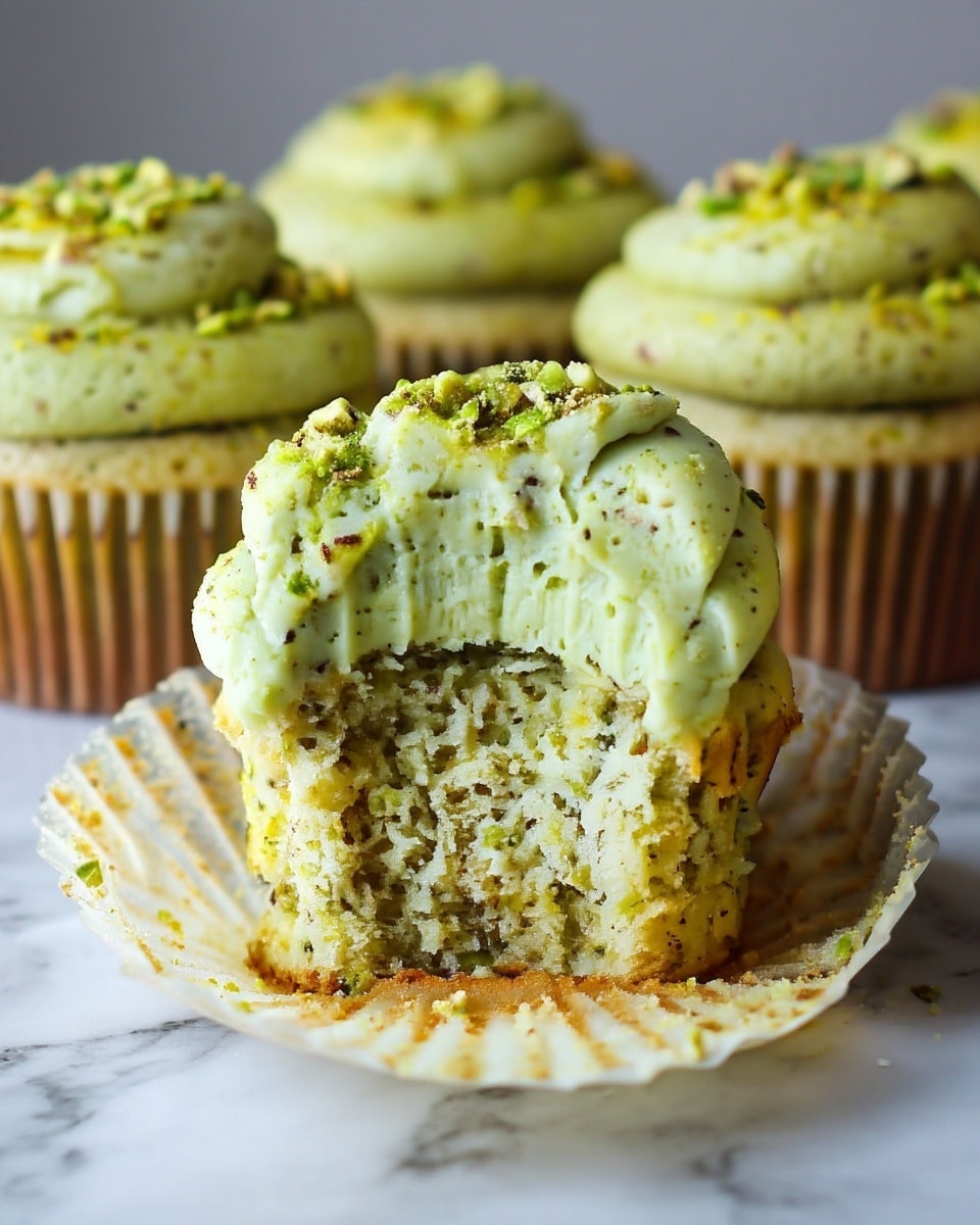 Pistachio Cupcakes with Pistachio Buttercream Frosting Recipe 5 The image shows a close-up of a cupcake with three layers: the bottom layer is a soft, moist, light green cupcake base with visible small bits of pistachio inside; the middle layer is a creamy, pale green frosting with a smooth and slightly textured surface spread thickly over the cupcake; the top layer is a sprinkle of finely chopped pistachios adding a rough, crunchy texture and darker green color. The cupcake is partially unwrapped in a light paper liner, sitting on a white marbled surface with several other similar cupcakes blurred in the background. Photo taken with an iphone --ar 4:5 --v 7