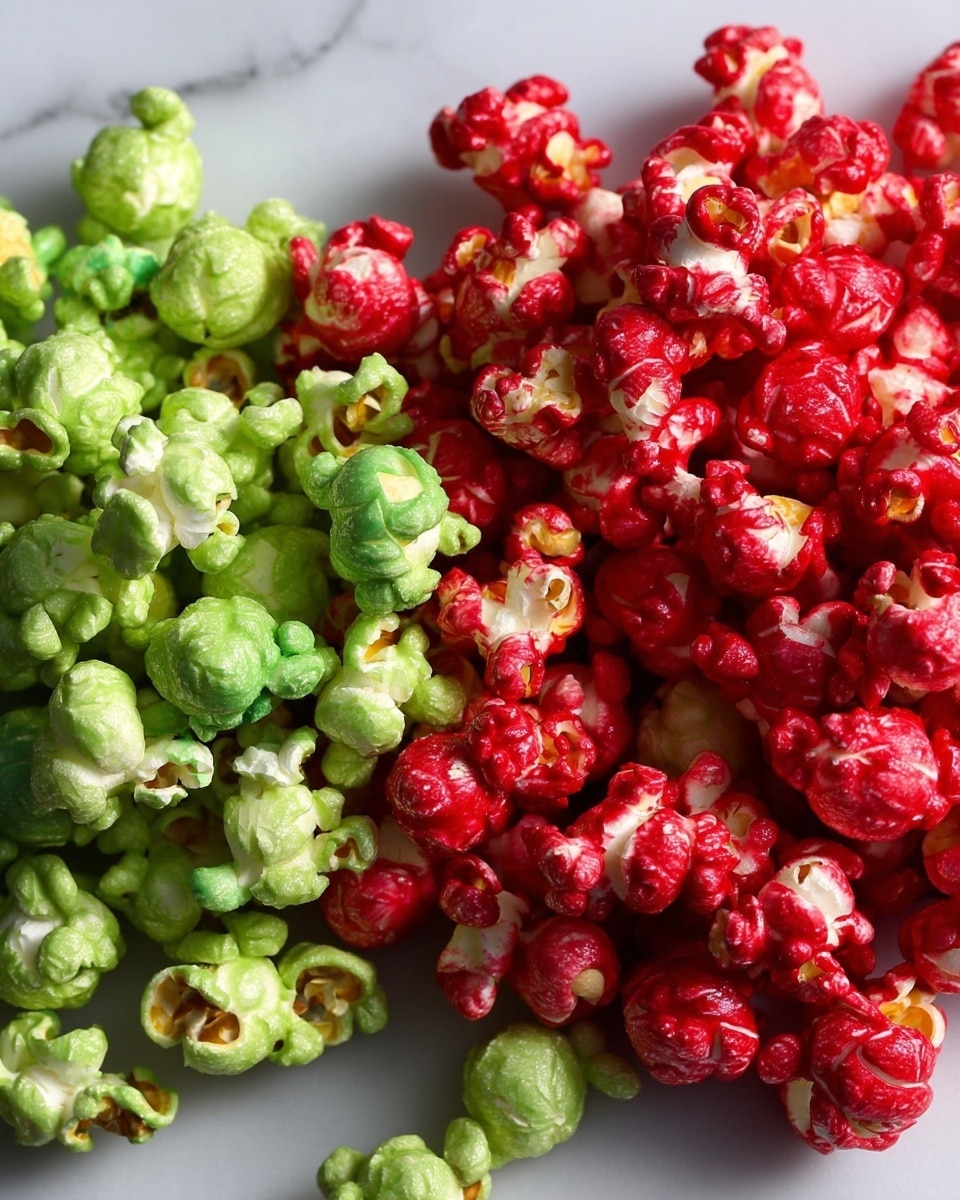 A close-up view of popcorn coated with two main colors: red and green. The red popcorn pieces form a large group spread throughout the center and right side, showing a shiny, slightly sticky texture that coats each kernel fully. On the left side, smaller clusters of green popcorn pieces are mixed with the red ones, both colors looking bright and glossy. The popcorn kernels are dense and slightly irregular in shape, sitting on a white marbled surface that adds a subtle light background. Photo taken with an iphone --ar 4:5 --v 7