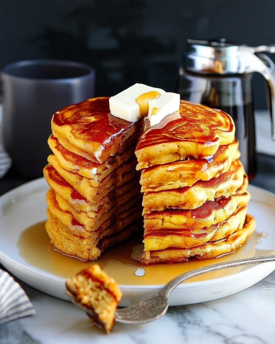 A tall stack of seven golden-brown pancakes is placed on a white plate, each pancake showing a fluffy and slightly textured surface with crisp edges. A small square of melting pale yellow butter rests on the top pancake, with amber-colored syrup slowly dripping down the sides of the stack and pooling at the base. To the right side of the plate, a fork is partially visible. The background is dark with a blurred black cup on the left and a glass syrup dispenser on the right. The setting is on a white marbled surface. photo taken with an iphone --ar 4:5 --v 7