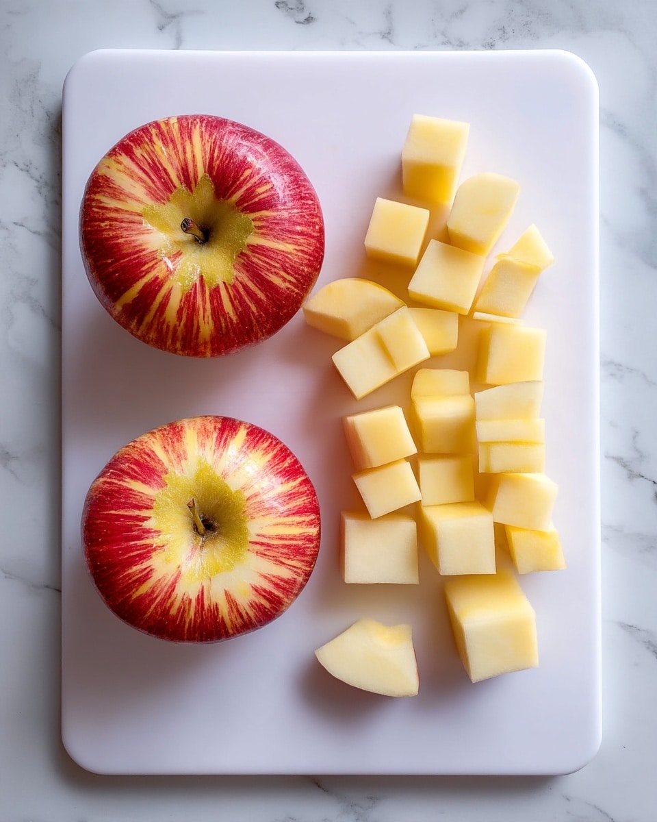 The image shows a white cutting board on a white marbled surface. On the left side of the board, there are two apple halves with red and yellow skins, showing the seeds inside. On the right side, there are neatly cut apple pieces in cube shapes, light yellow inside, with the skin mostly removed. One small piece sits between the halves and the cubes. The photo is clear and bright with soft natural light. photo taken with an iphone --ar 4:5 --v 7