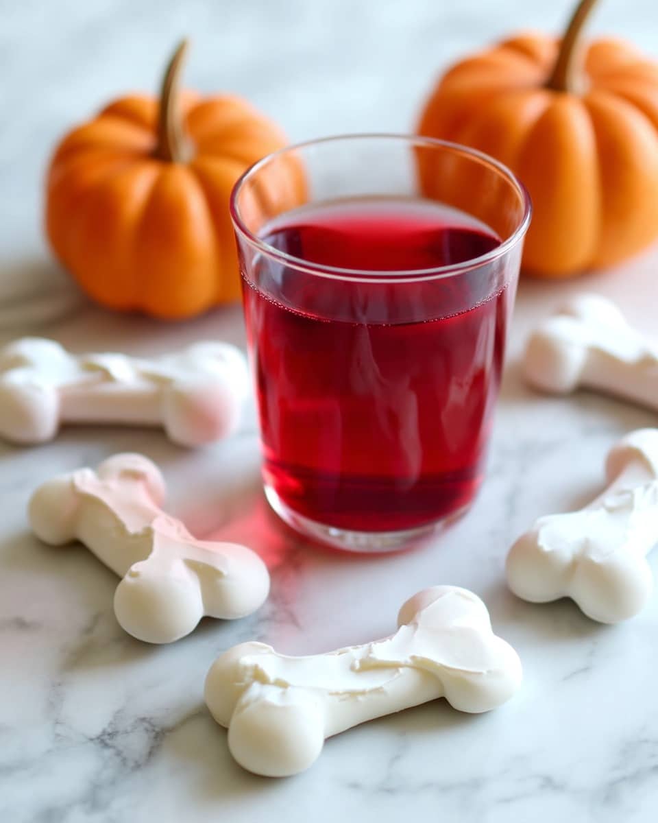The image shows a clear glass filled halfway with red liquid resembling juice or sauce. Inside the glass, one white, bone-shaped item is partially dipped in the red liquid, making the bottom part of the bone appear red as well. Around the glass, there are several white bone-shaped items scattered on a white marbled surface. Behind the glass, two small orange pumpkins add a pop of color to the scene. The overall look is simple but colorful, with a mix of white, red, and orange hues. photo taken with an iphone --ar 4:5 --v 7