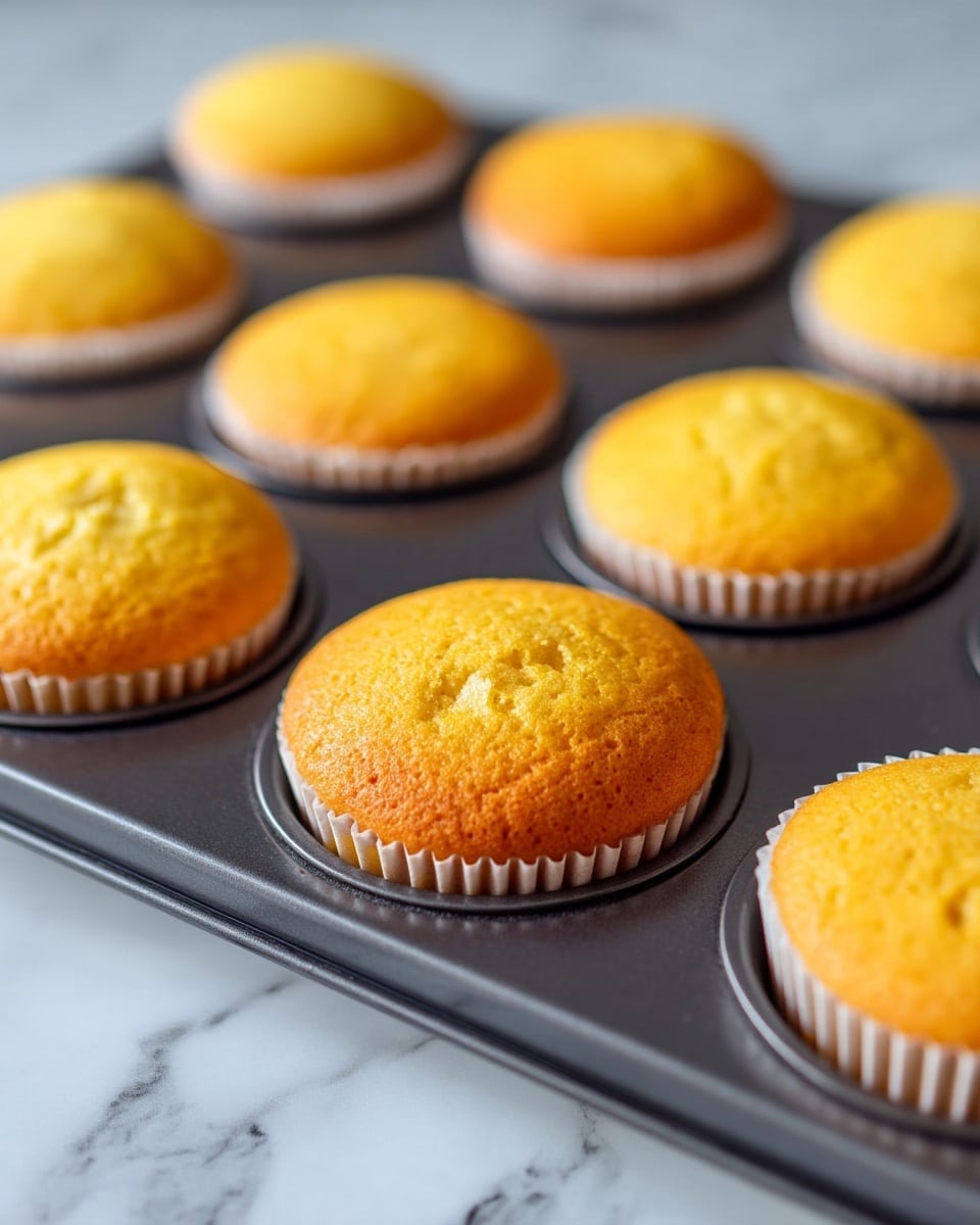 The image shows a close-up of golden yellow cupcakes in white paper liners, sitting inside a dark metal muffin tray. Each cupcake has a slightly domed, smooth top with a soft texture. The tray is placed on a white marbled surface, and the background is softly blurred, keeping the focus on the cupcakes in the foreground. photo taken with an iphone --ar 4:5 --v 7