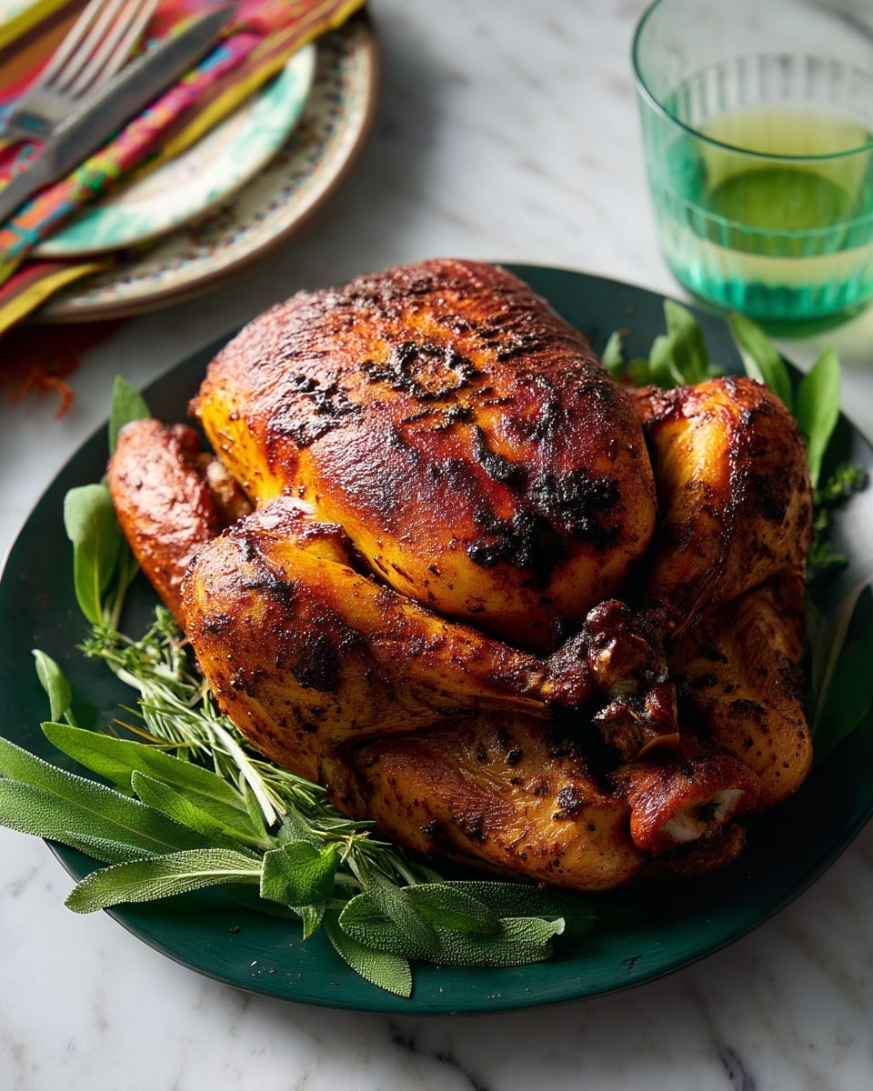 A whole roasted chicken with a crispy, dark golden brown skin, showing some blackened spice spots, sits on a dark green plate. The chicken is positioned with the legs and wings tucked in tightly, with fresh green herbs like sage and thyme arranged under and around it. A serrated knife and fork are placed next to the plate on a white marbled surface. The background includes a glass with a light green liquid and a glimpse of another plate with colorful folded cloth napkins nearby. Photo taken with an iphone --ar 4:5 --v 7