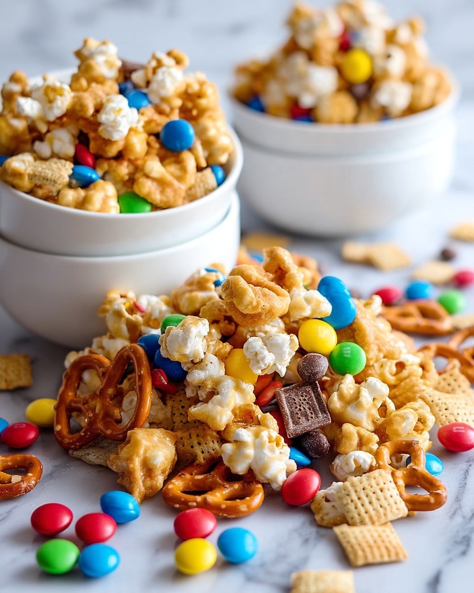 The image shows a snack mix with several layers of different ingredients spread out on a white marbled surface and also inside two stacked white bowls. The mix includes light golden caramel-coated popcorn with a rough texture and bright multicolored candy-coated chocolates in blue, yellow, red, and green. There are small square pieces of tan cereal with a grid pattern and twisted pretzels coated with caramel, giving a glossy look. The mix is piled high in the bowls, overflowing onto the surface around them. The photo is clear and bright, highlighting the different textures and colors of each ingredient. photo taken with an iphone --ar 4:5 --v 7